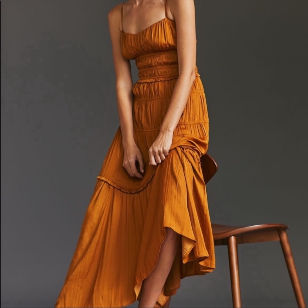 SOLD | NWOT Anthropologie Gold Satin Ruched Midi Dress